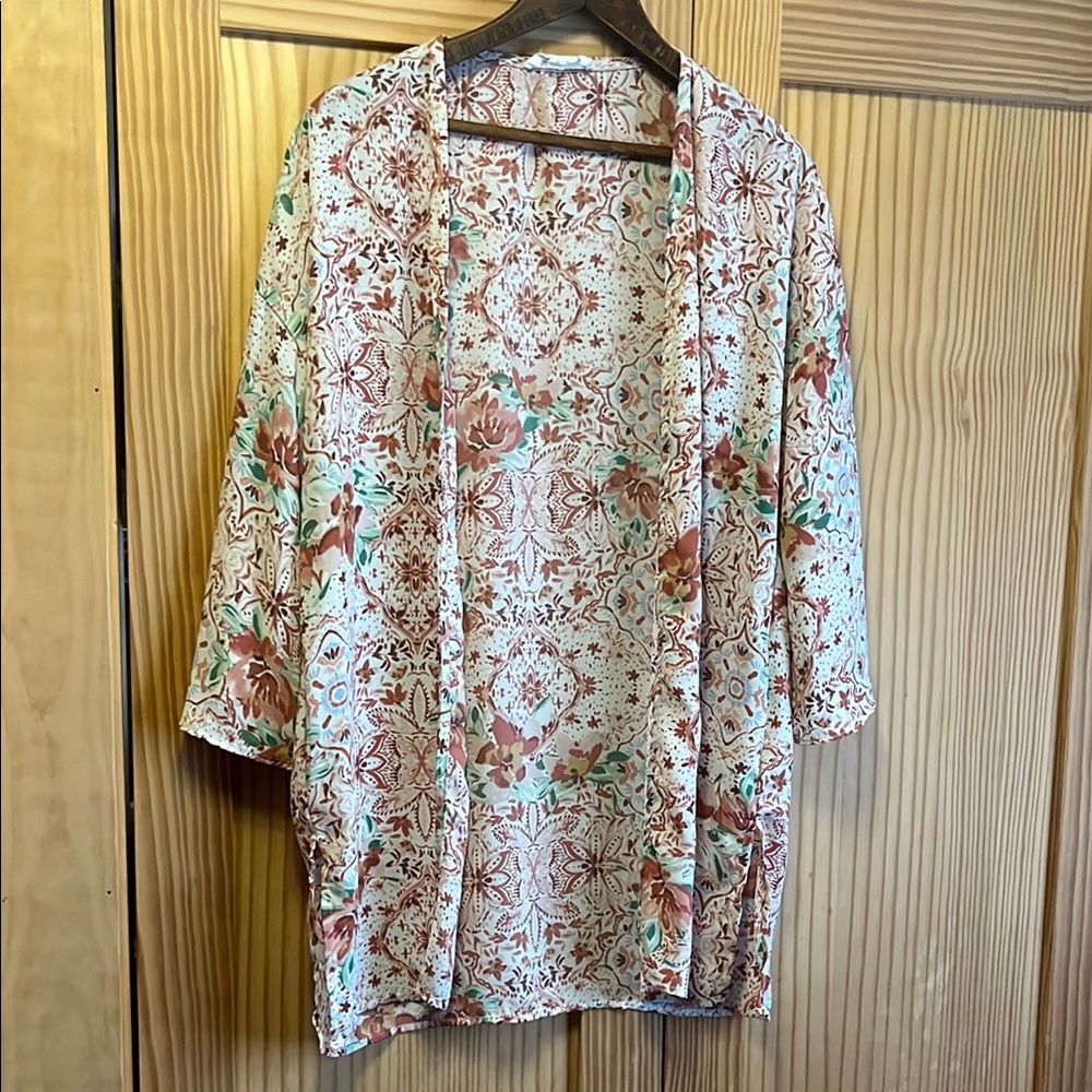 Pink Rose Cream and Brown Kimono Jacket